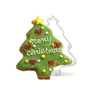 Stainless steel tree cookie cutter detail, great for holiday baking and festive treats.