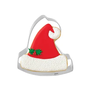 Stainless steel Christmas hat cookie cutter detail view, ideal for holiday baking.