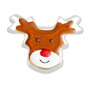 Stainless steel reindeer cookie cutter detail, perfect for Christmas baking and holiday treats.