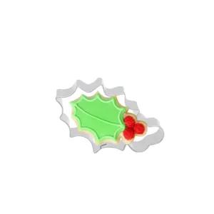 Stainless steel Christmas holly leaf cookie cutter detail shot, perfect for holiday baking.