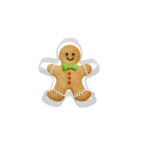 Detailed view of stainless steel gingerbread man cookie cutter, ideal for baking.
