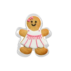 Stainless steel gingerbread girl cookie cutter detail view, perfect for holiday baking.