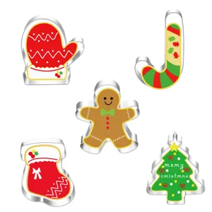 Detailed close-up of 5-piece stainless steel Christmas cookie cutters featuring festive shapes.