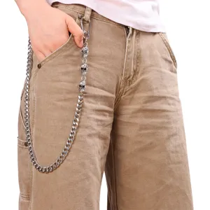 Metal skull pants chain detail shot, punk rock wallet chain for men jeans and trousers.
