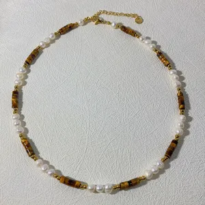 Retro tiger eye stone beaded necklace bohemian style natural stone choker for women chic jewelry