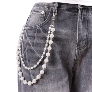 Detailed view of trendy hip-hop double-layer rhinestone pants chain, sparkling waist accessory.