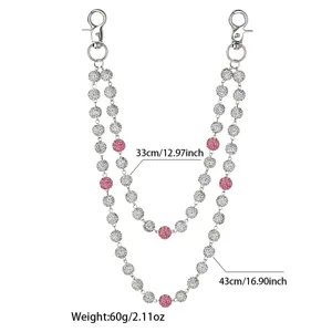 Women double layer rhinestone pants chain silver metal waist chain with pink crystal balls.