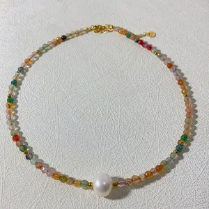 Handmade colorful gemstone beaded necklace with a central white pearl for women chic jewelry style