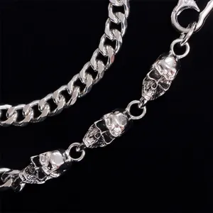 Close up detail of mens silver metal skull pants chain heavy metal style wallet chain.