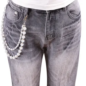 Hip-hop rhinestone double-layered waist chain paired with washed grey punk style jeans.
