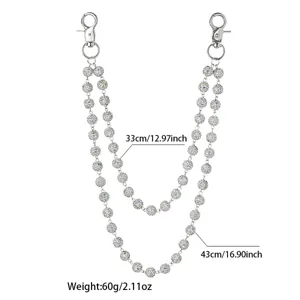 Double layer rhinestone waist chain hip hop punk metal pants accessory with size specs.
