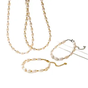 Set collana bracciale perle d'acqua dolce naturali acciaio perline oro gioiello