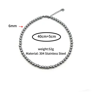 Collier de perles rondes en acier inoxydable, perles de 6mm, chaîne 40+5cm, bijoux tendance.