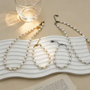 Perla de agua dulce natural collar pulsera acero inoxidable, conjunto de joyas.