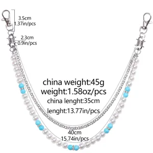 Chaine de pantalon double couche en perles rétro avec perles turquoise, chaine de portefeuille.
