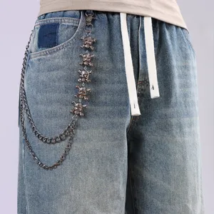 Retro Denim Jeans für Damen Herren mit schwerer Metall Totenkopf Kette lässige Hose