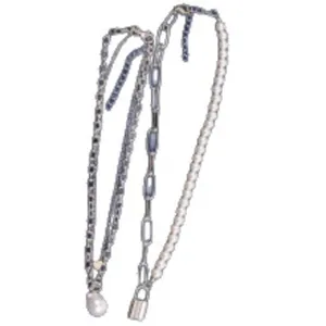 Vintage multi-layer metal chain and baroque pearl necklace set with cute lock pendant.