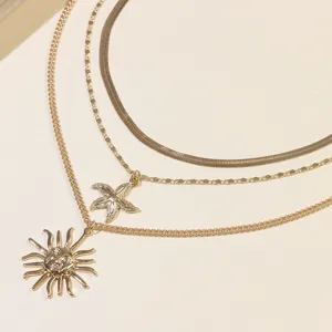 Multi-layer gold necklace detail featuring sun and starfish pendants and sleek chain design.