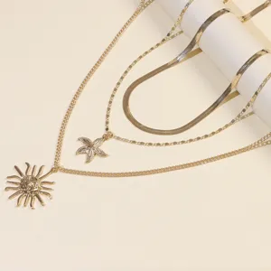 Detailed view of the trendy multi-layer gold necklace featuring sun and starfish pendants.