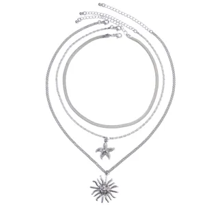 Silver multi-layer necklace set with sun and starfish pendants for women fashion jewelry