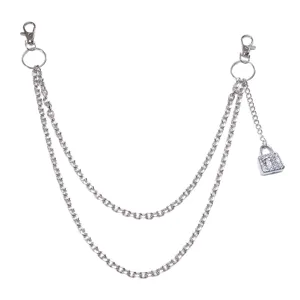 Silver multi-layer hip hop pants chain detail, metal waist chain with cute rhinestone lock.