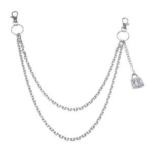 Silver metal pants chain hip-hop double layer waist chain with rhinestone lock pendant