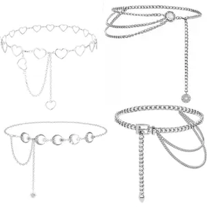 Details of silver metal waist chains, fashion body chain set, chic multi-layer waist belt accessories.