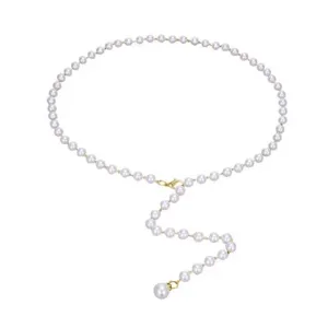 Elegant pearl waist chain for women, chic body chain detail with adjustable gold clasp.