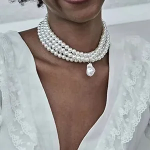 Vintage Multilayer Artificial Pearl Necklace Geometric Alloy Chain Choker Collar Fashion Jewelry For Women