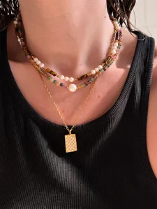 Vintage multi-layer beaded necklace set with natural pearls and tiger eye stones.