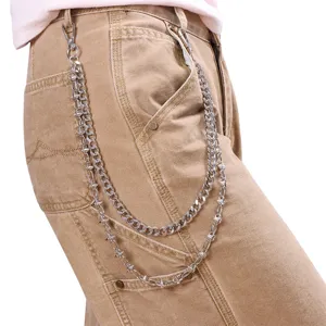 Punk dual layer metal pant chain with spike and cuban links for hip hop streetwear fashion