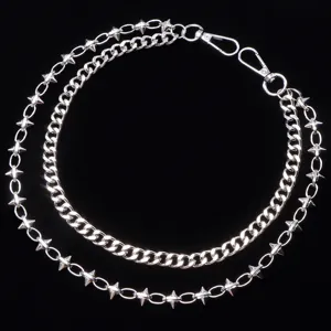 Punk style double layer pants chain with spikes and cuban links, cool hiphop waist accessory.