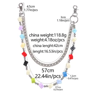 Double layer hip hop pants chain with colorful cubes and metal beads for stylish streetwear.