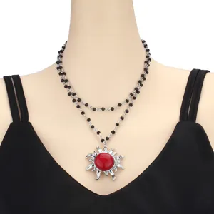 Double layer beaded necklace with red stone sun pendant elegant fashion jewelry for women