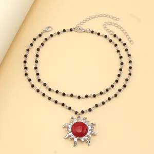 Double layer beaded necklace with red sun pendant fashion jewelry charm elegant accessory