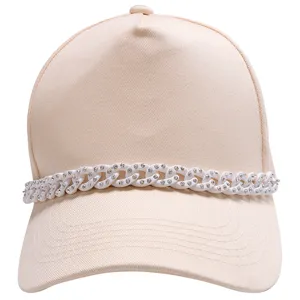 Beige baseball cap with sparkling rhinestone chain detail stylish fashion accessory for women.
