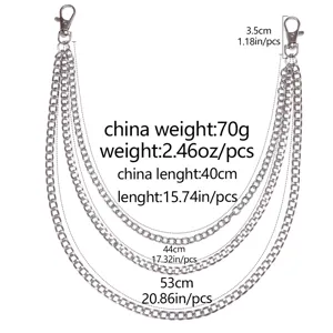 Hip hop multi-layer metal pants chain with lobster clasps, cool silver jeans accessory.