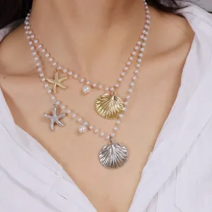 Fashion Ocean Series Pearl Necklace French Light Luxury Starfish Seashell Pendant Clavicle Chain Women Jewelry