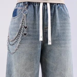 Stylish streetwear dual-layer metal pants chain with cool black pixel heart pendant for men.