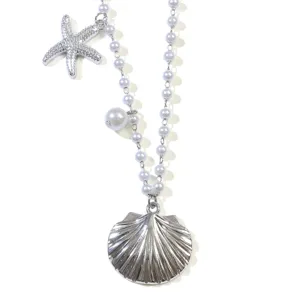 Ocean series pearl necklace with starfish and shell pendants, elegant French style choker jewelry.
