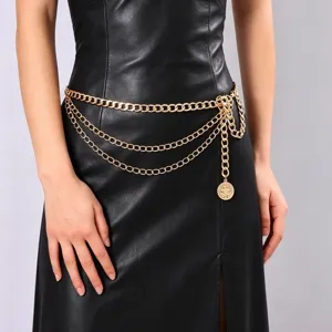 Elegant gold multi-layer chain waist belt with coin pendant body chain accessory detail view.