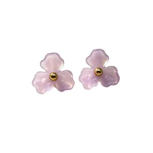 Chic purple resin flower stud earrings with a gold tone center bead for sweet daily wear.