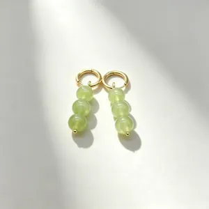 Green natural stone bead dangle hoop earrings for women, unique gold tone design jewelry.