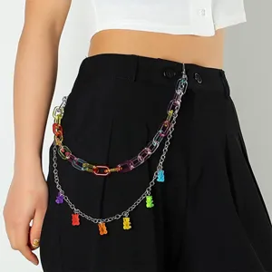 Trendy colorful acrylic gummy bear pendant double layer waist chain for women fashion belt.