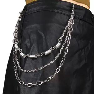 Detailed close-up of a multi-layer punk metal waist chain and trouser accessory for daily wear.