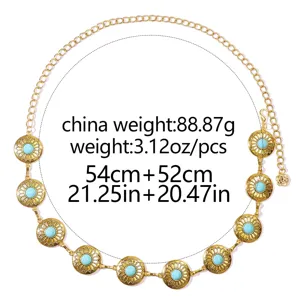Bohemian vintage turquoise round metal waist chain detail view, adjustable body chain.
