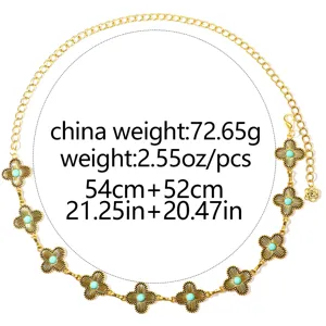 Bohemian gold waist chain with turquoise clover charms, vintage body jewelry for women.