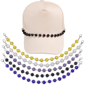 Rhinestone baseball cap chain detail, colorful crystal bead hat accessory closeup display.