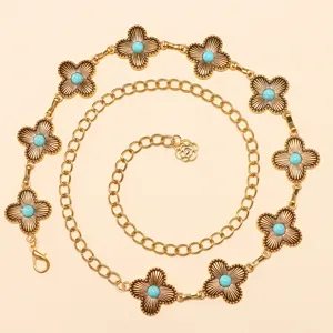 Bohemian turquoise waist chain gold-tone multi-clover body chain vintage jewelry for women