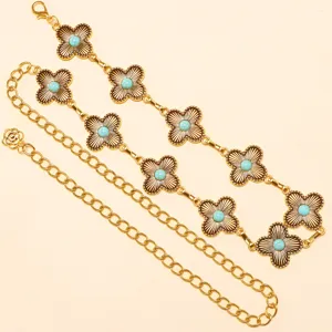 Bohemian retro gold turquoise hollow flower metal waist chain for women fashion body jewelry